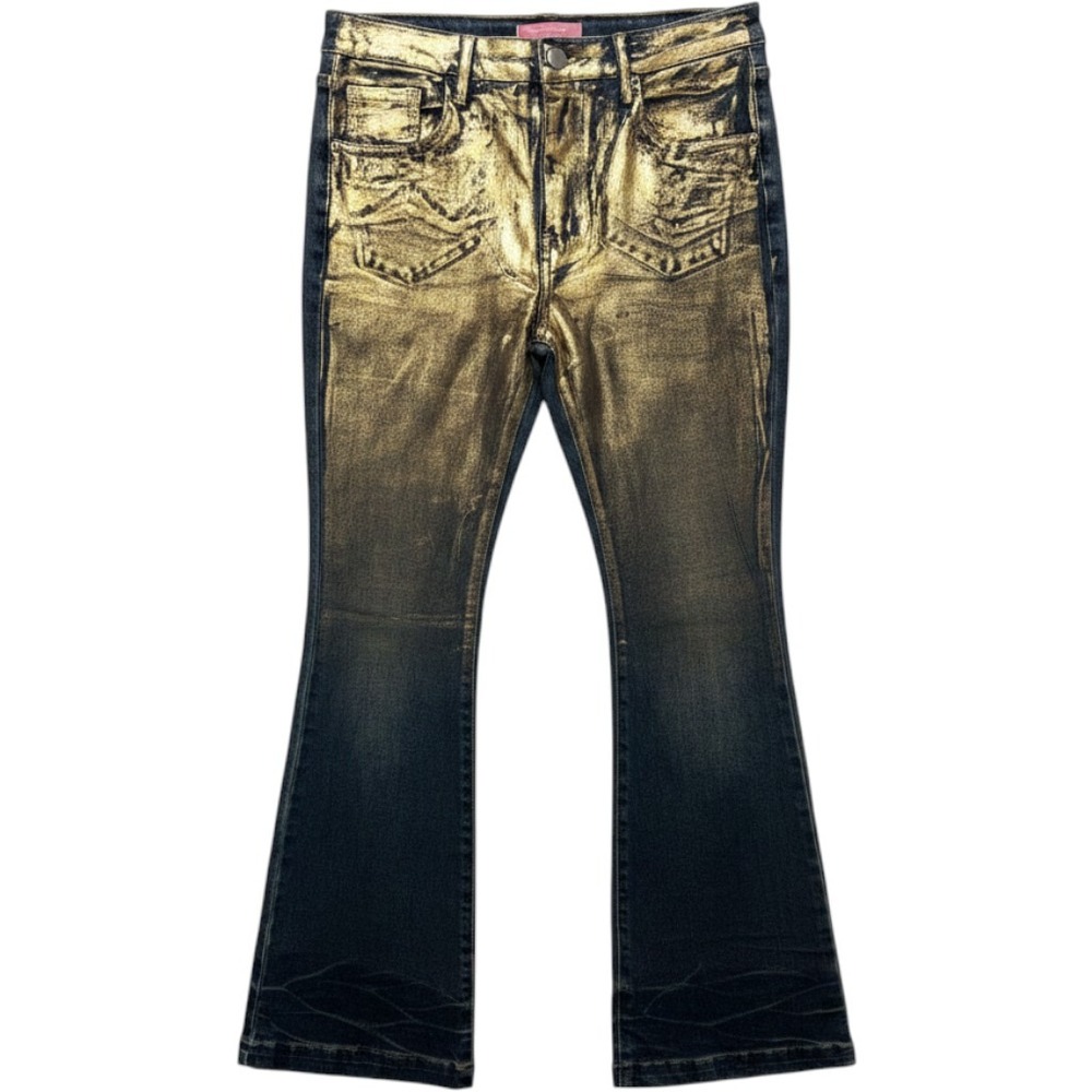 JJ's Fairyland Gold Metallic Foil Flare Jeans Denim Women Large 30x31 NEW